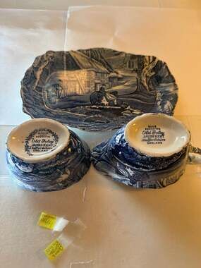 James Kent Old Foley Blue and White Rural Scenes Creamer, Sugar Bowl, and Tray S